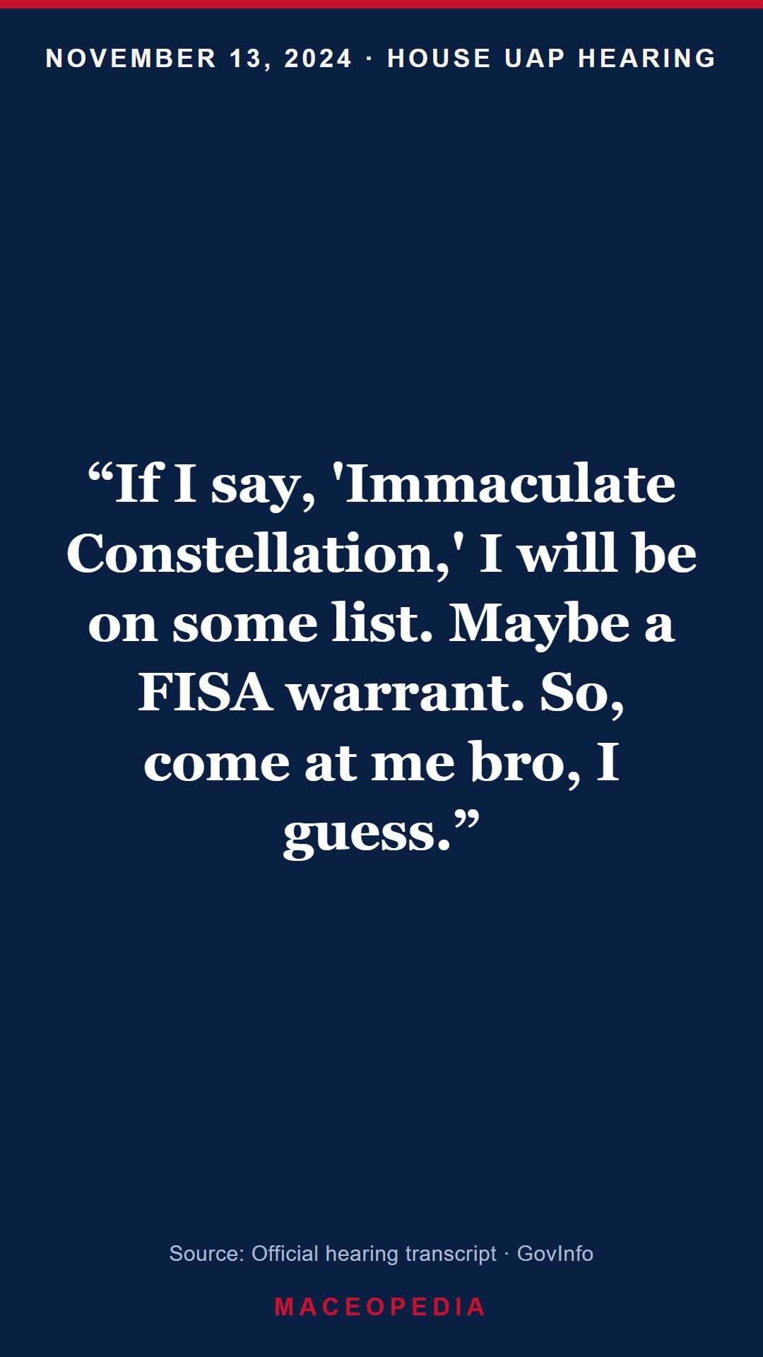 “Come at me bro”, Mace puts a classified UAP program name on the record