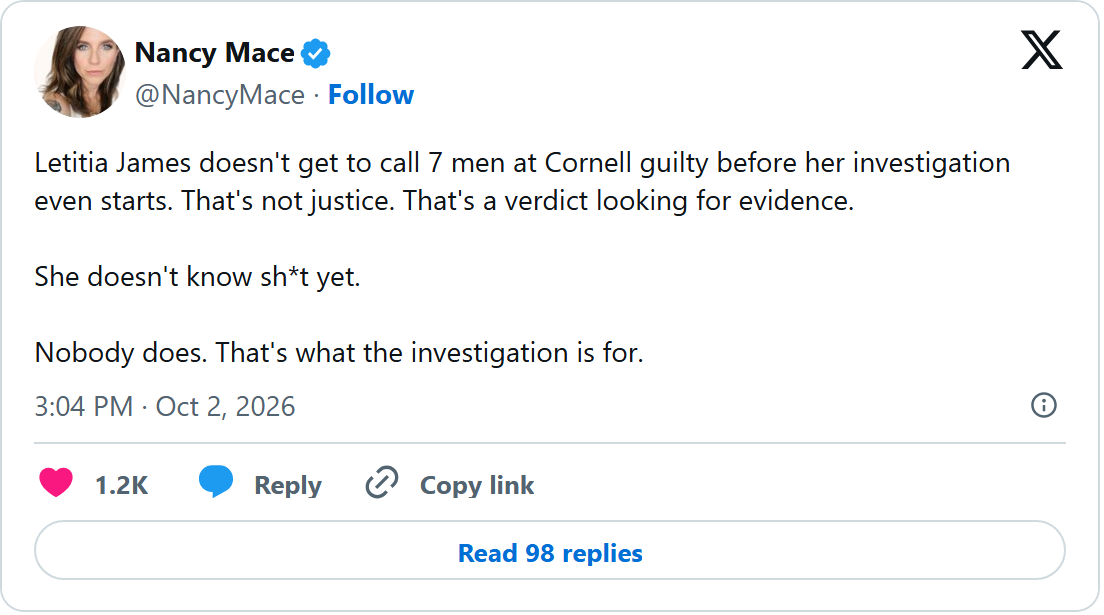 Screenshot of Nancy Mace's X post of October 2, 2026, 3:04 PM, about Letitia James and seven men at Cornell