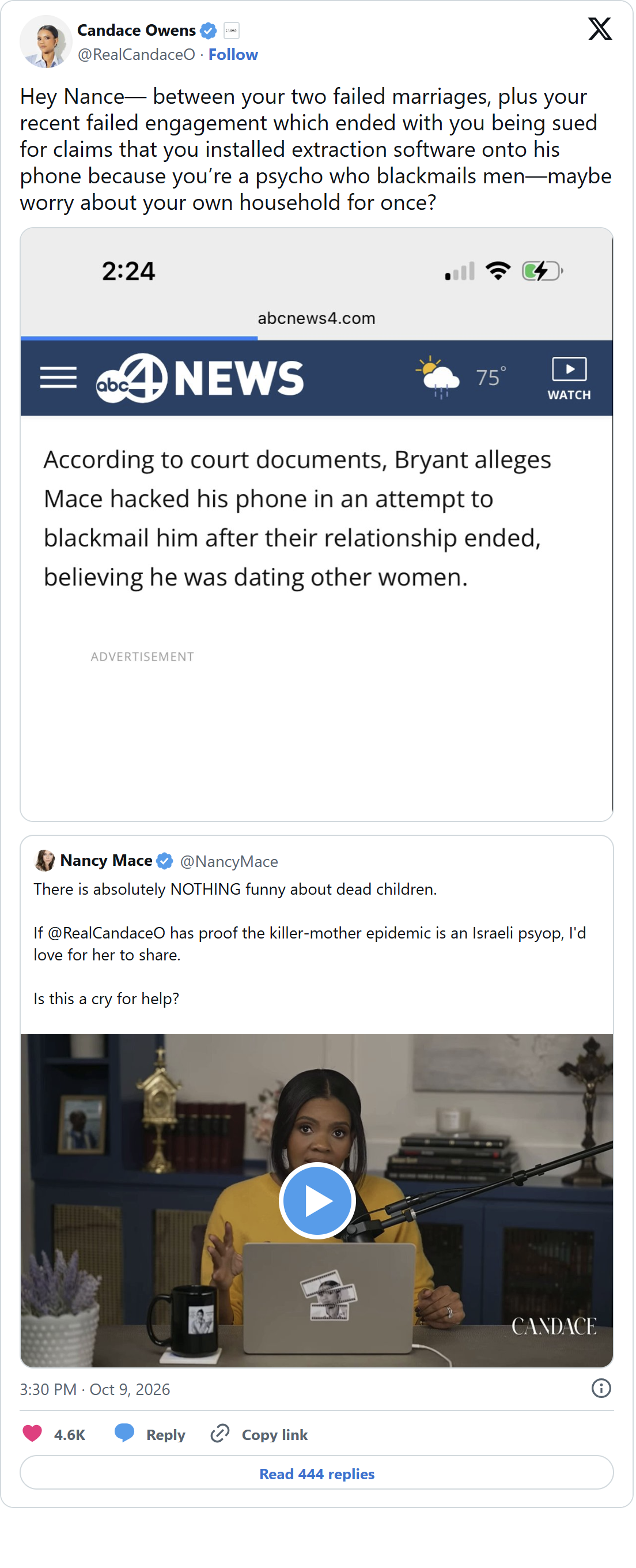 Candace Owens Plays a Nancy Mace Clip. Mace Answers 'Nothing Funny About Dead Children.' Owens Answers With a News Report on a Lawsuit Against Mace. Mace Answers With a Cat-Licking Meme.: image 2