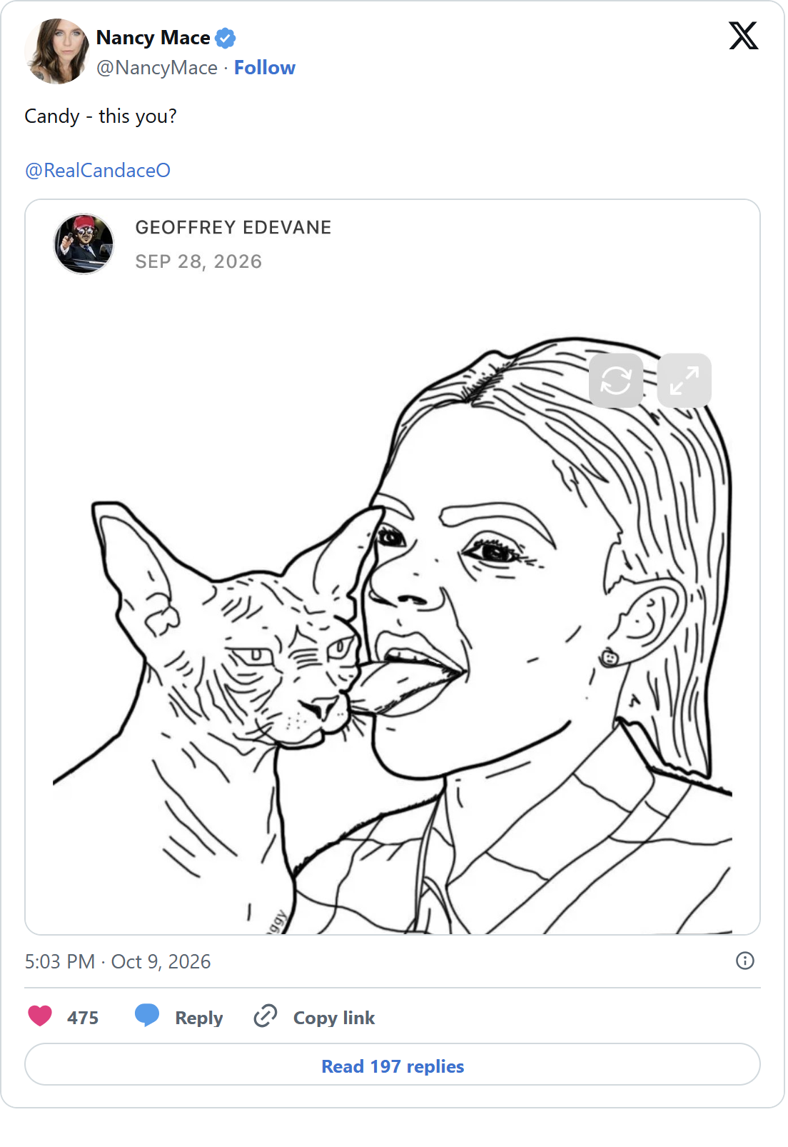 Candace Owens Plays a Nancy Mace Clip. Mace Answers 'Nothing Funny About Dead Children.' Owens Answers With a News Report on a Lawsuit Against Mace. Mace Answers With a Cat-Licking Meme.: image 3