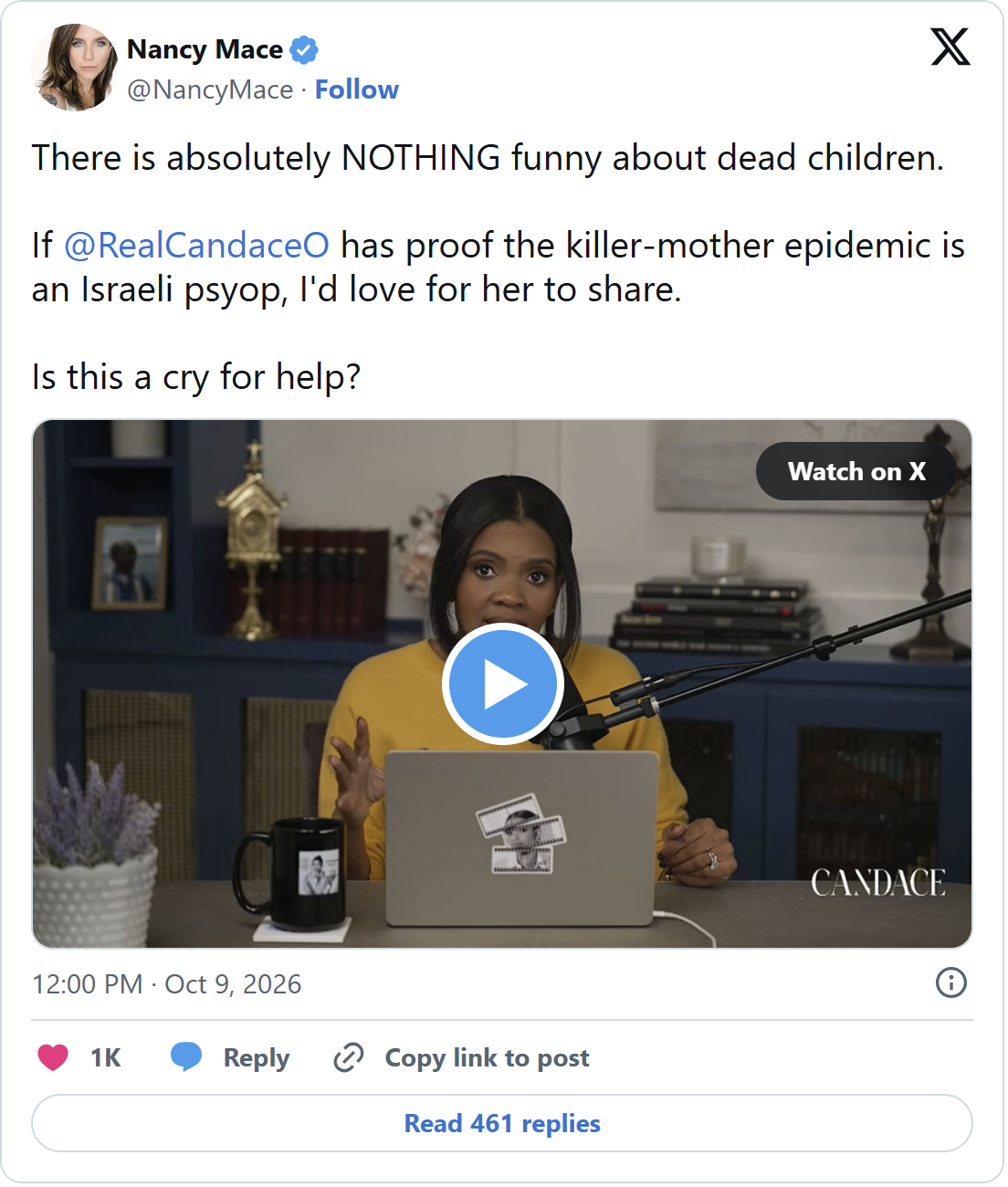 Candace Owens Plays a Nancy Mace Clip. Mace Answers 'Nothing Funny About Dead Children.' Owens Answers With a News Report on a Lawsuit Against Mace. Mace Answers With a Cat-Licking Meme.: image 1
