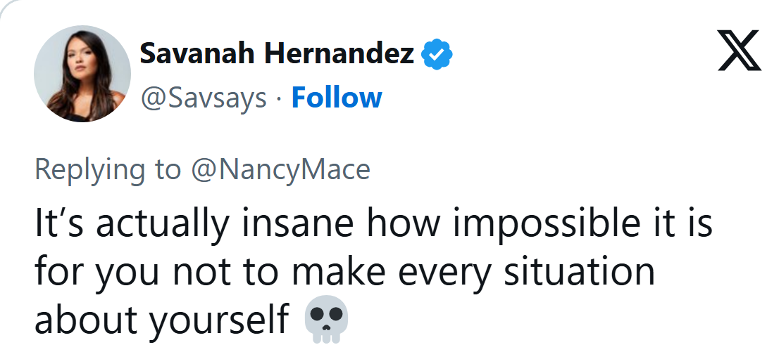 Savanah Hernandez on X, Sept. 2, 2025, replying to Nancy Mace