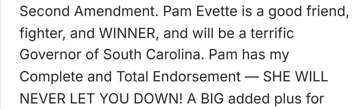 Donald J. Trump on Truth Social, May 29, 2026, endorsing Pam Evette