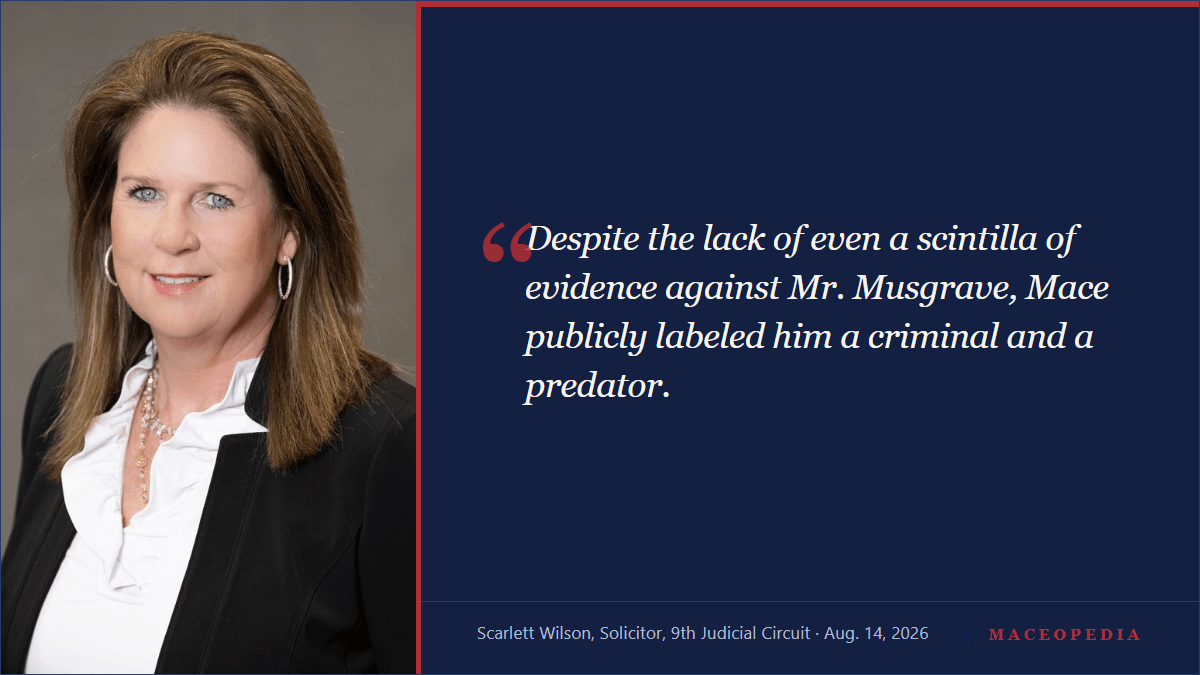 Quote card: Solicitor Scarlett Wilson, not even a scintilla of evidence against Mr. Musgrave
