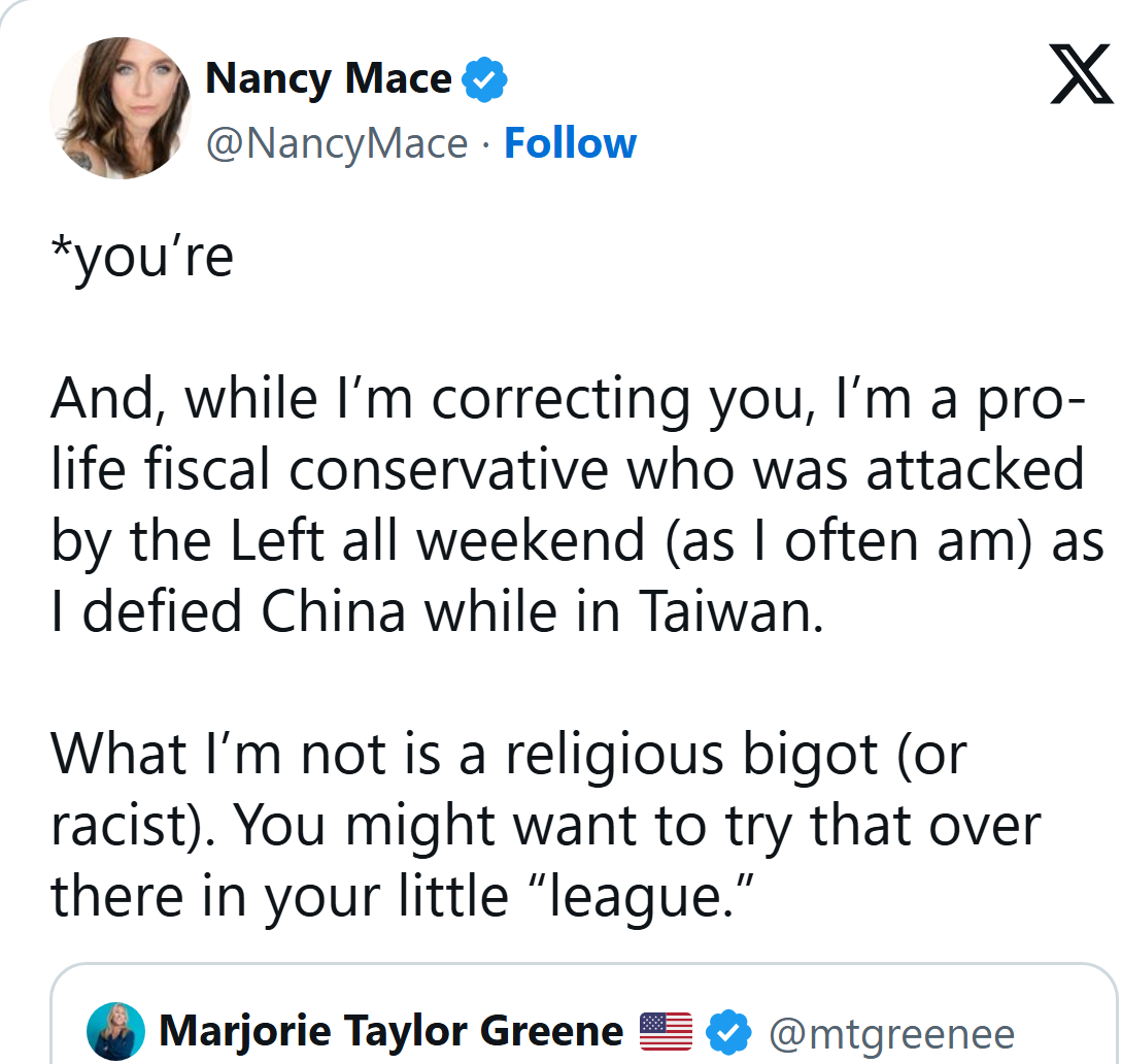 Nancy Mace on X, Nov. 30, 2021, replying to Marjorie Taylor Greene: What I'm not is a religious bigot (or racist).