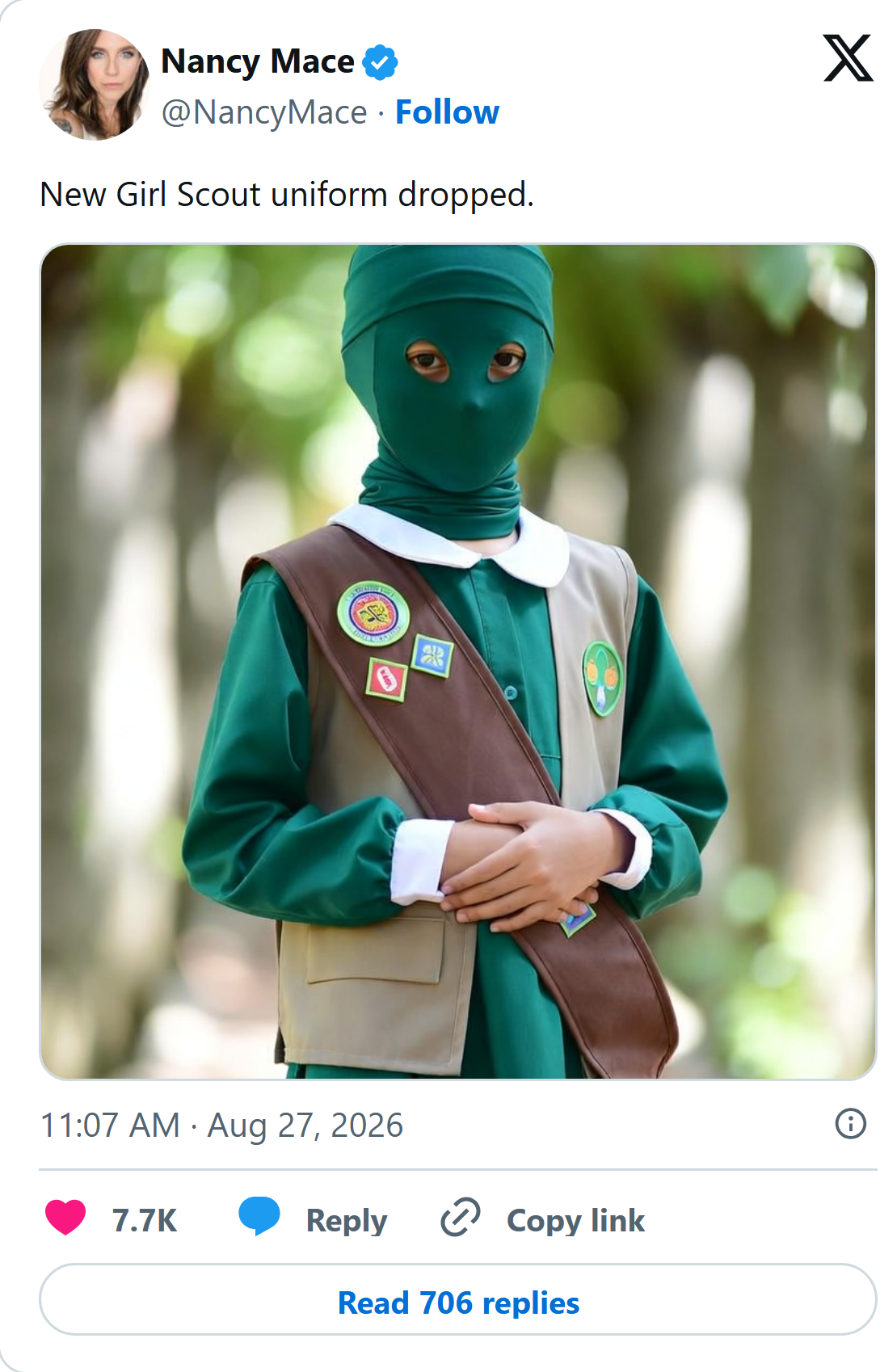 Nancy Mace on X, Aug. 27, 2026: New Girl Scout uniform dropped. The post shows an image of a child in a uniform with a veil covering her face.