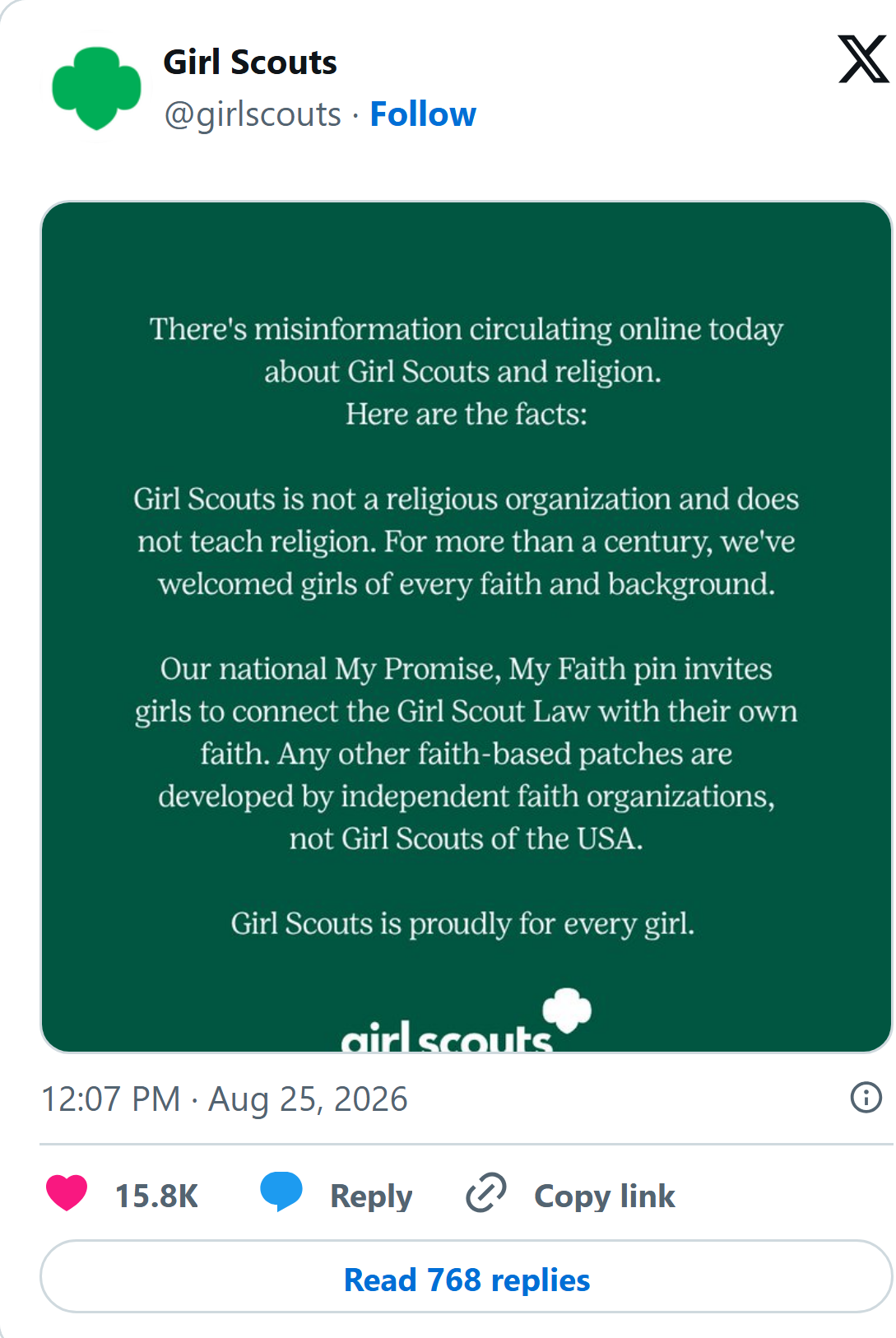 Girl Scouts of the USA statement on X, Aug. 25, 2026: Girl Scouts is not a religious organization and does not teach religion.