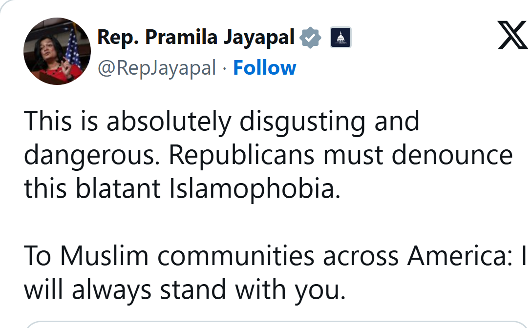 Rep. Pramila Jayapal on X, Aug. 8, 2026, replying to Nancy Mace: This is absolutely disgusting and dangerous.