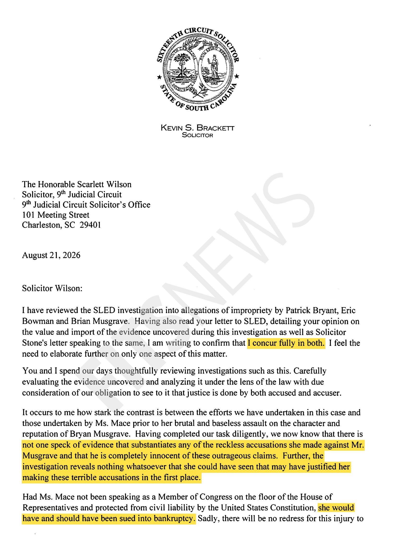 Page 1 of Solicitor Kevin Brackett's Aug. 21, 2026 letter to Solicitor Wilson, with 'not one speck of evidence', 'completely innocent' and 'sued into bankruptcy' highlighted.