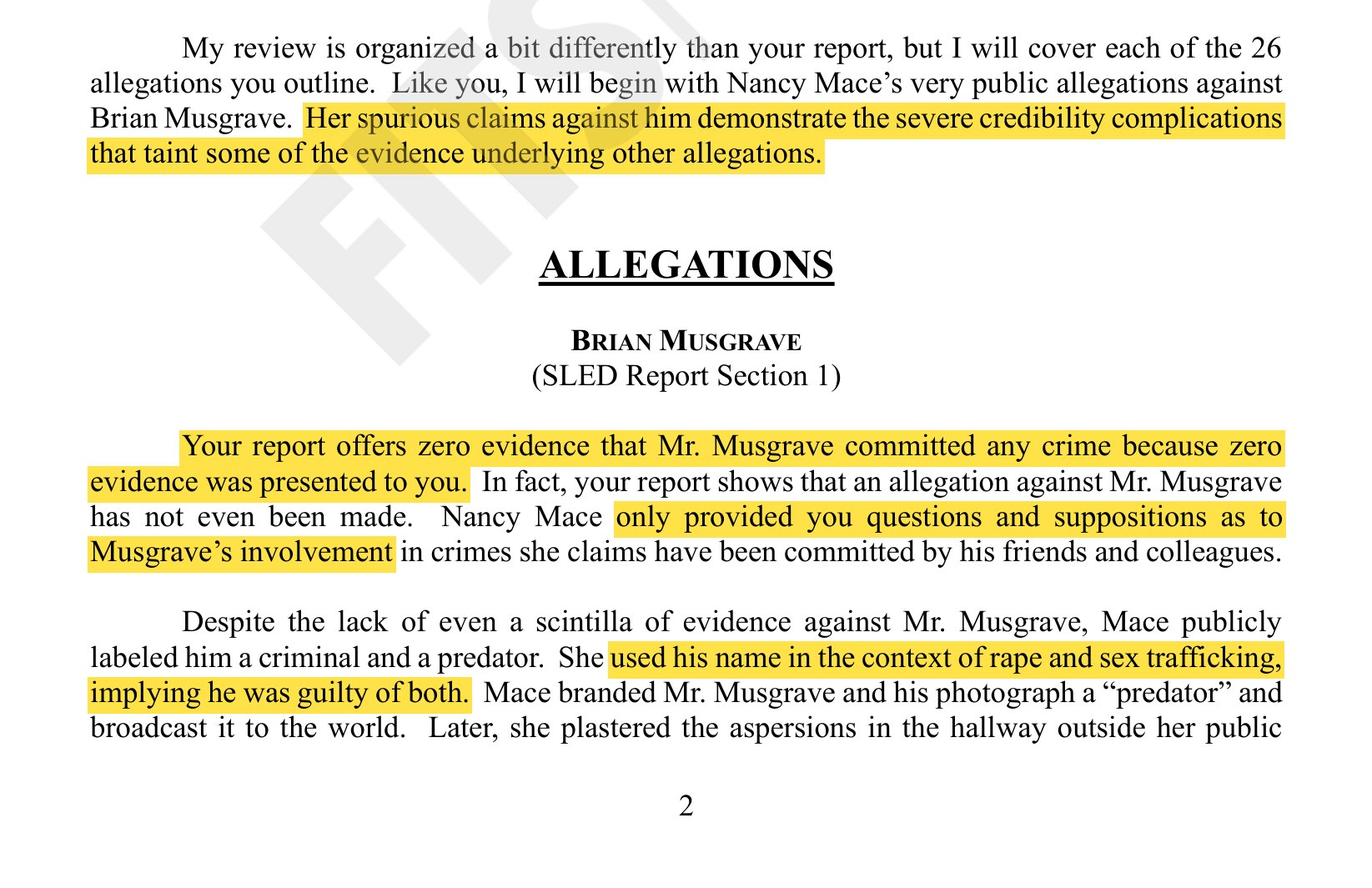 Page 2 of Solicitor Wilson's memo, with 'zero evidence', 'questions and suppositions' and 'used his name in the context of rape and sex trafficking' highlighted.