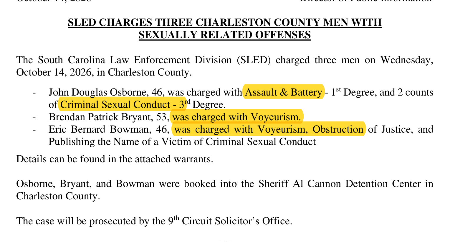 SLED news release, Oct. 14, 2026: the three men charged.