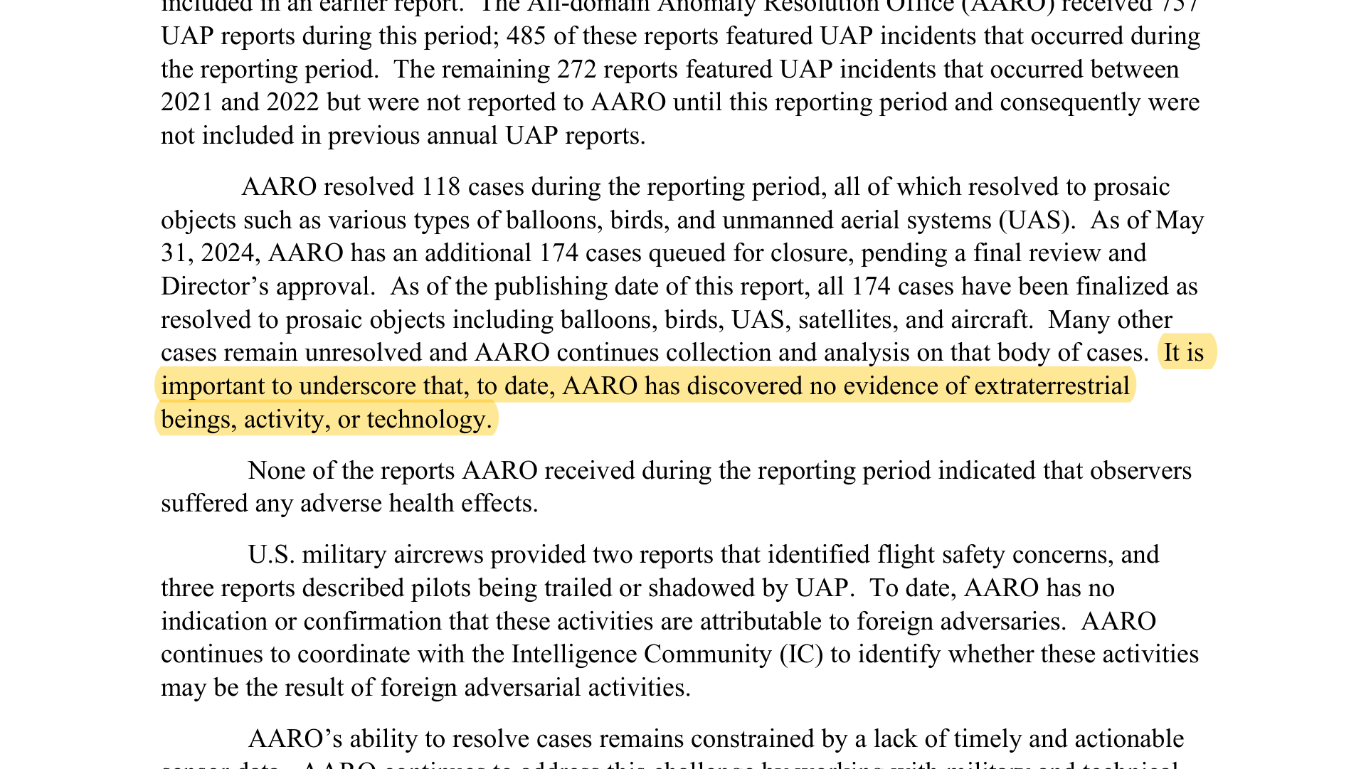 DoD FY2024 Consolidated Annual Report on UAP, page 2, with the sentence on extraterrestrial evidence highlighted