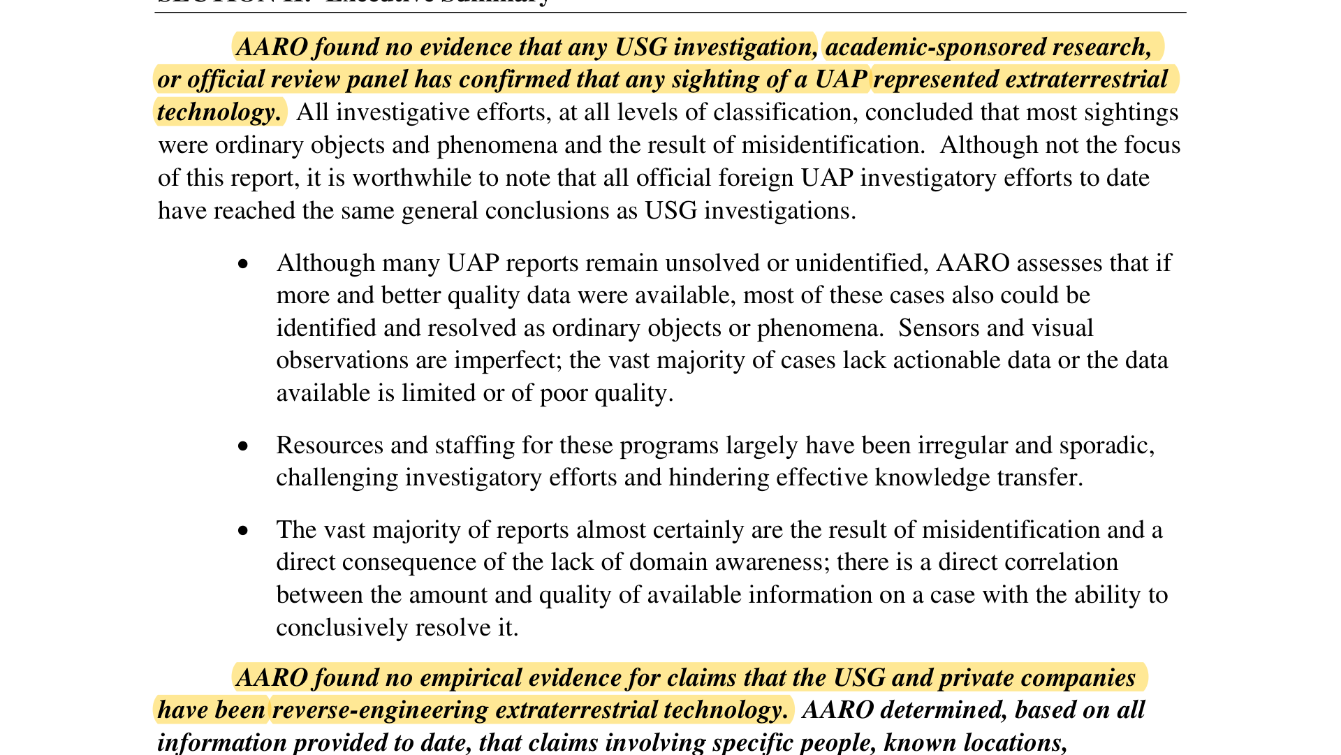 AARO Historical Record Report Volume I, page 7, with the findings on extraterrestrial technology highlighted