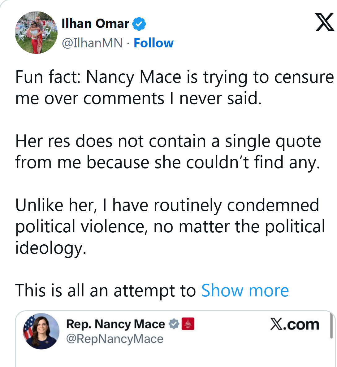 Rep. Ilhan Omar on X, Sept. 16, 2025: Nancy Mace is trying to censure me over comments I never said.