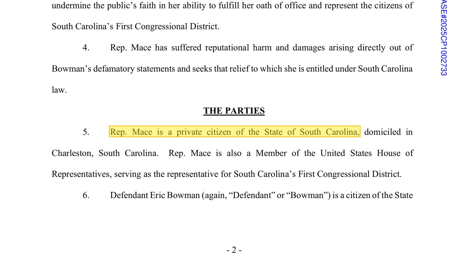 Complaint, Mace v. Bowman, page 2, paragraph 5: Rep. Mace is a private citizen of the State of South Carolina, with the next sentence about her House seat in frame.