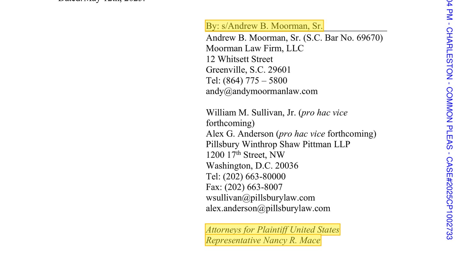 Complaint, Mace v. Bowman, page 18, signature block: Moorman Law Firm, LLC and Pillsbury Winthrop Shaw Pittman LLP, Attorneys for Plaintiff United States Representative Nancy R. Mace.