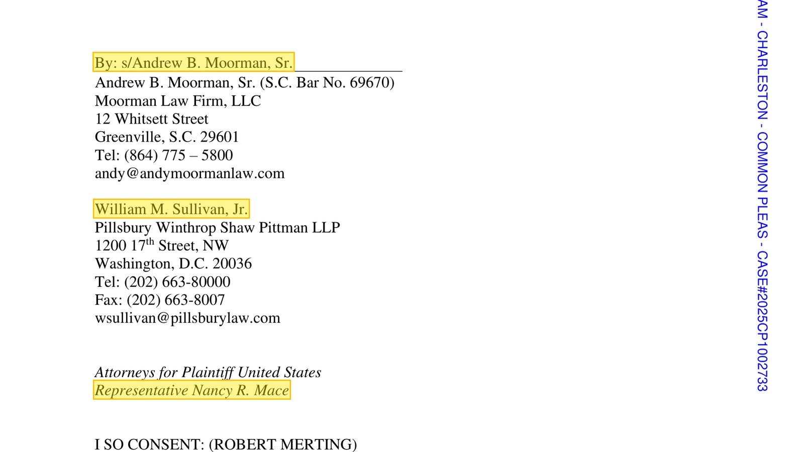 Consent Order for Stay of Proceedings, page 2, consent signatures: Moorman Law Firm and Pillsbury Winthrop Shaw Pittman for the plaintiff.