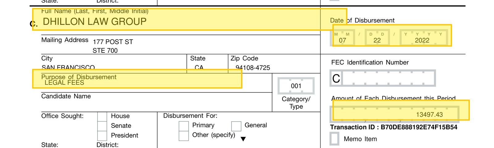 FEC Schedule B: Dhillon Law Group, $13,497.43, July 22, 2022, legal fees.
