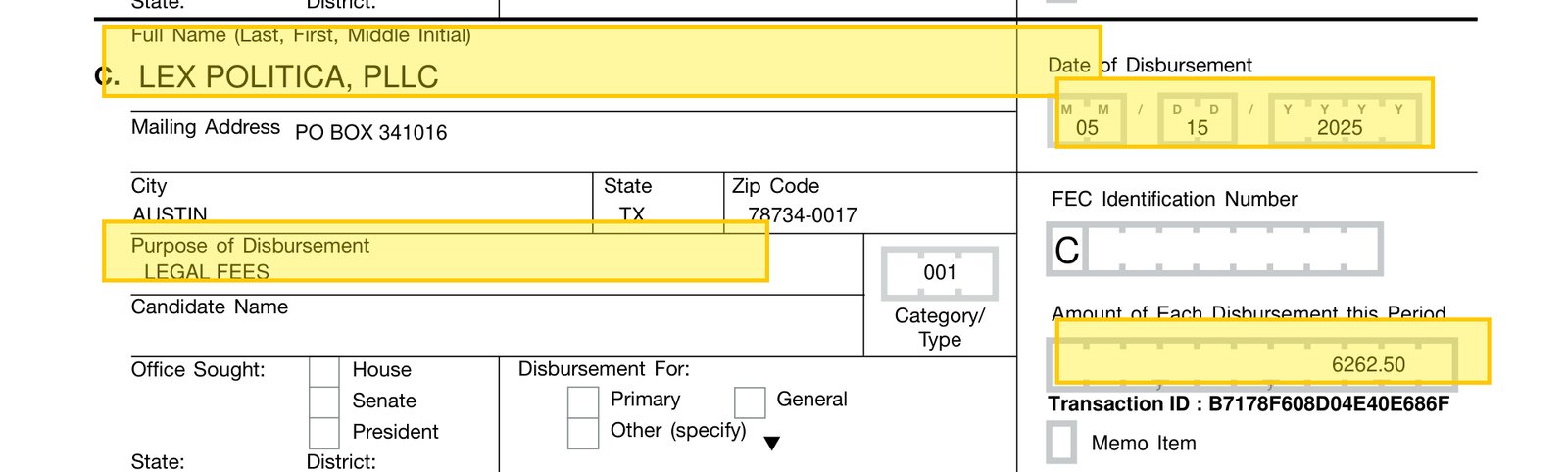 FEC Schedule B: Lex Politica, PLLC, $6,262.50, May 15, 2025, legal fees.