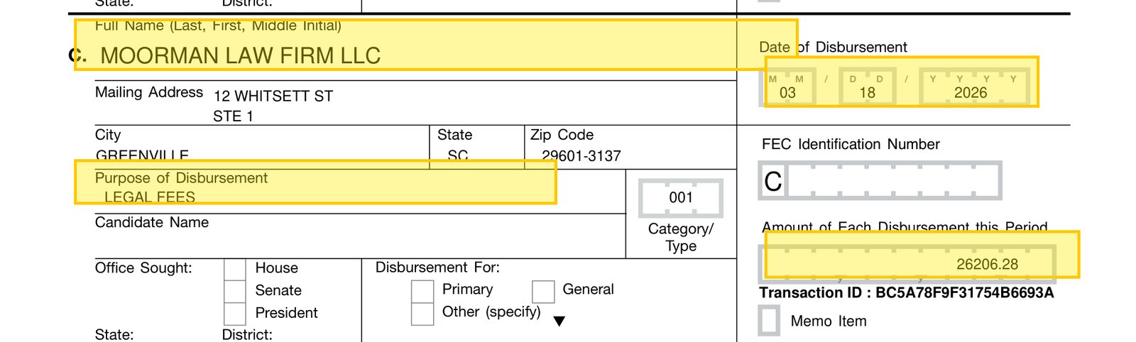 FEC Schedule B: Moorman Law Firm LLC, $26,206.28, March 18, 2026, legal fees.