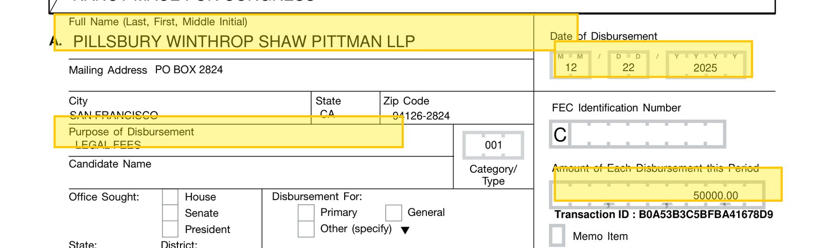 Nancy Mace for Congress, FEC Schedule B: Pillsbury Winthrop Shaw Pittman LLP, $50,000.00, Dec. 22, 2025, legal fees.