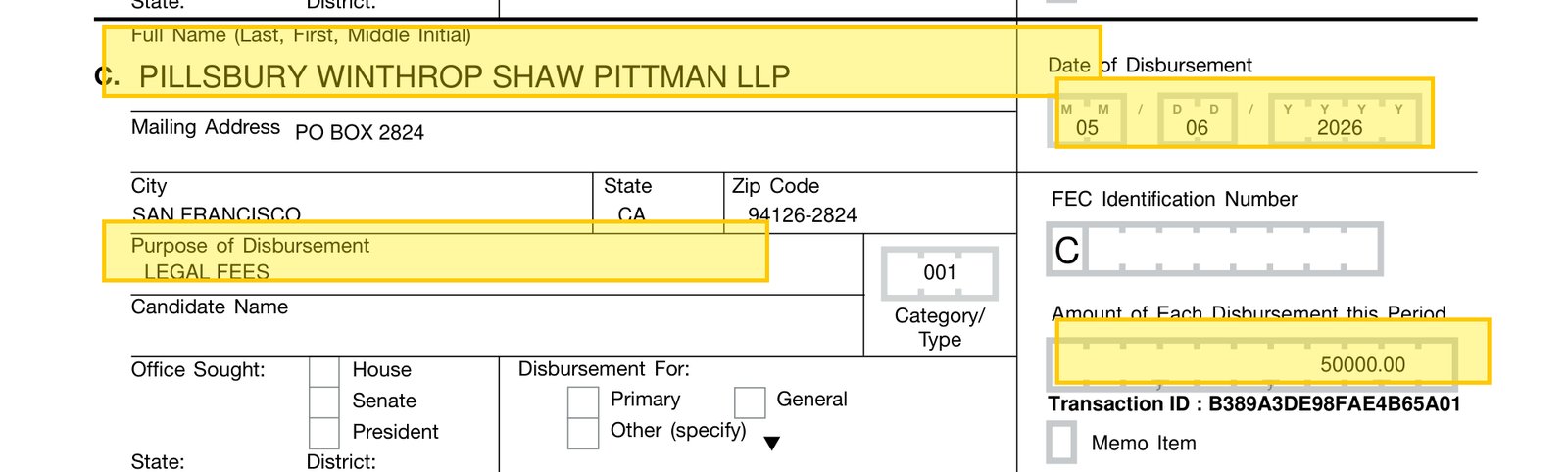 FEC Schedule B: Pillsbury Winthrop Shaw Pittman LLP, $50,000.00, May 6, 2026, legal fees.