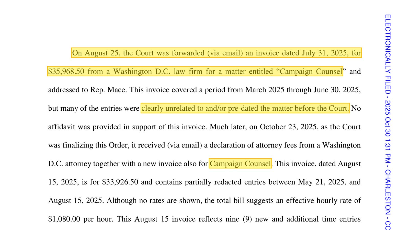 Final Sanctions Order, page 2: the July 31, 2025 invoice for $35,968.50 for a matter entitled Campaign Counsel, and the August 15, 2025 invoice for $33,926.50, with the effective hourly rate of $1,080.00.
