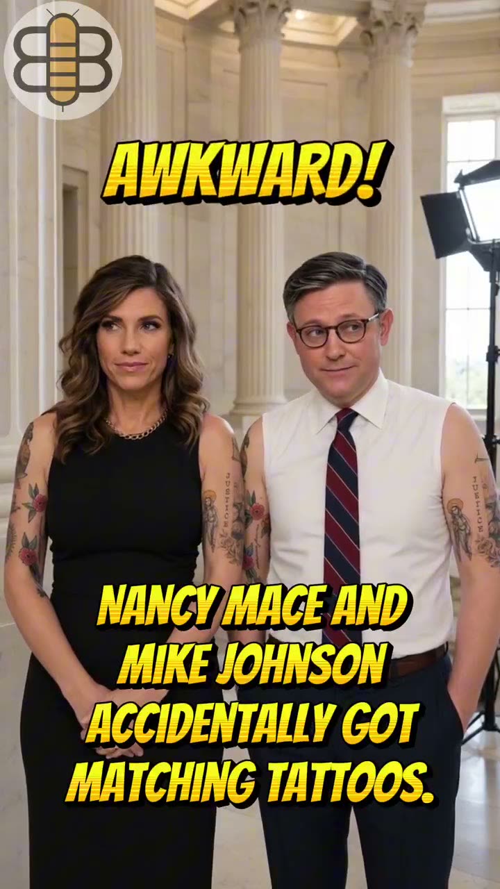 Still from The Babylon Bee's satire video: Nancy Mace in a black sleeveless dress beside an AI Speaker Mike Johnson in a sleeveless white dress shirt and tie, both showing matching arm tattoos of roses, a saint figure, and the vertical word JUSTICE, over the caption AWKWARD.