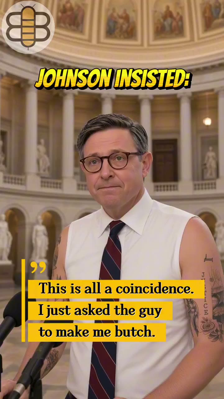 Still from the Bee video: an AI Mike Johnson at a Capitol microphone in a sleeveless dress shirt, over the caption "This is all a coincidence. I just asked the guy to make me butch."