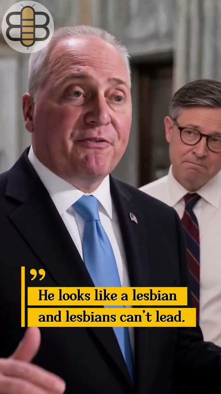 Still from the Bee video: an AI Steve Scalise at a microphone with Johnson behind him, over the caption "He looks like a lesbian and lesbians can't lead."
