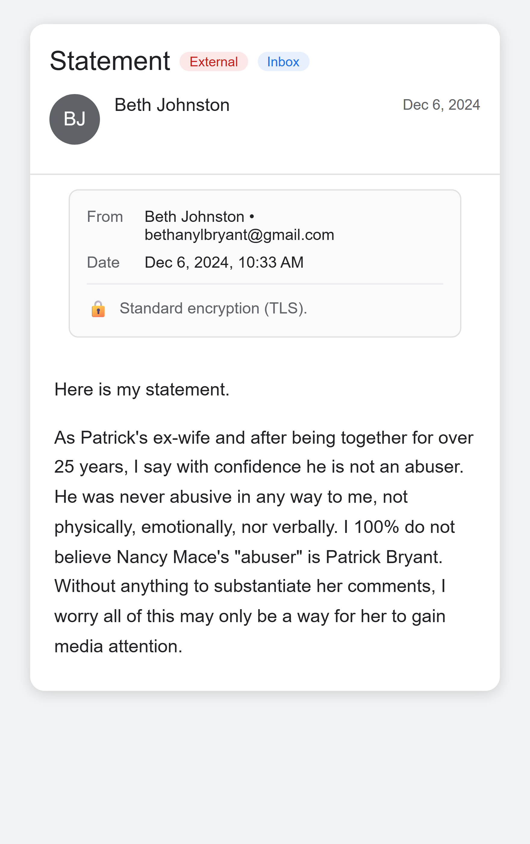 Beth Johnston's statement email, December 6, 2024