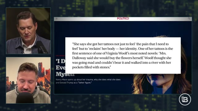 The Politico profile on screen as the hosts read the Mrs. Dalloway passage.