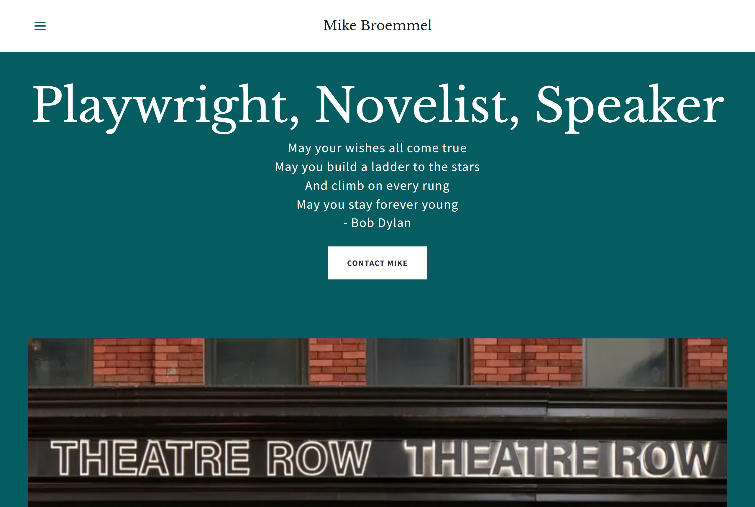 Mike Broemmel's website, mikebroemmel.com, headed "Playwright, Novelist, Speaker."