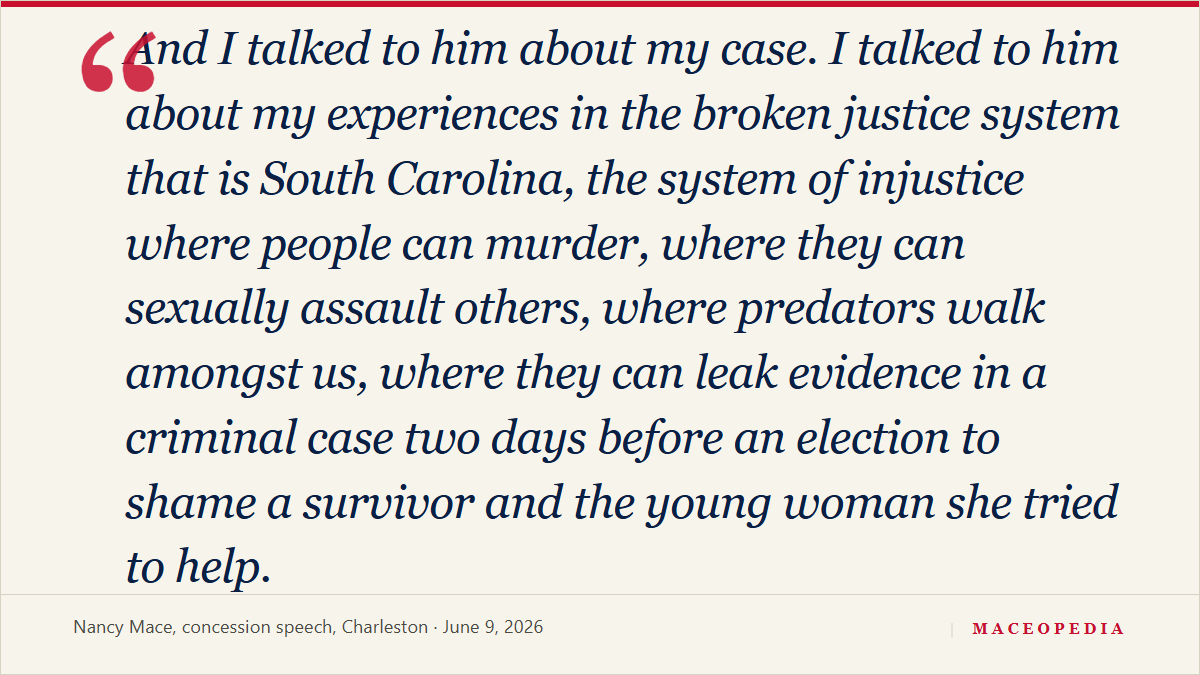 Under a gag order barring 'any comment about any aspect of this case,' Mace uses her televised concession speech to talk about 'predators that got away in my case': image 2