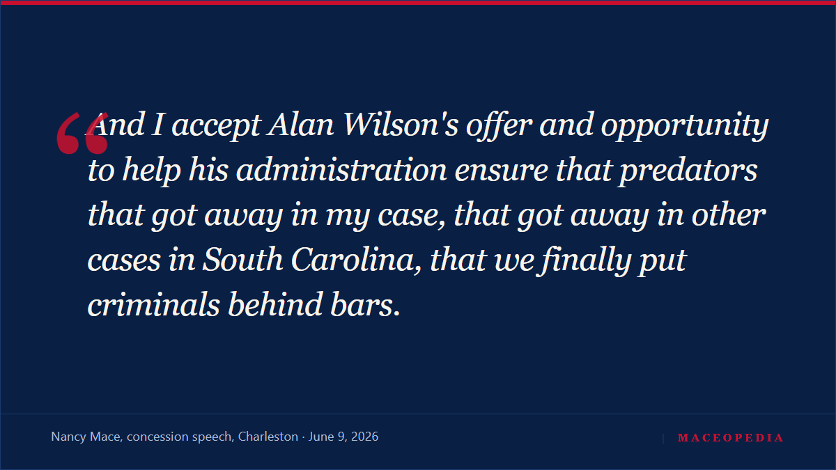 Under a gag order barring 'any comment about any aspect of this case,' Mace uses her televised concession speech to talk about 'predators that got away in my case': image 1