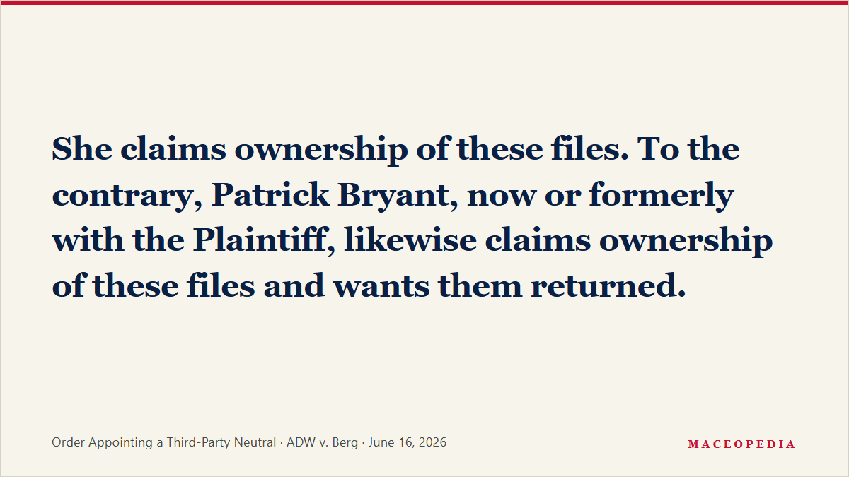 Court appoints former Judge Kristi Harrington as third-party neutral to sort the 11,000+ disputed files in Mace's Google Drive: image 3