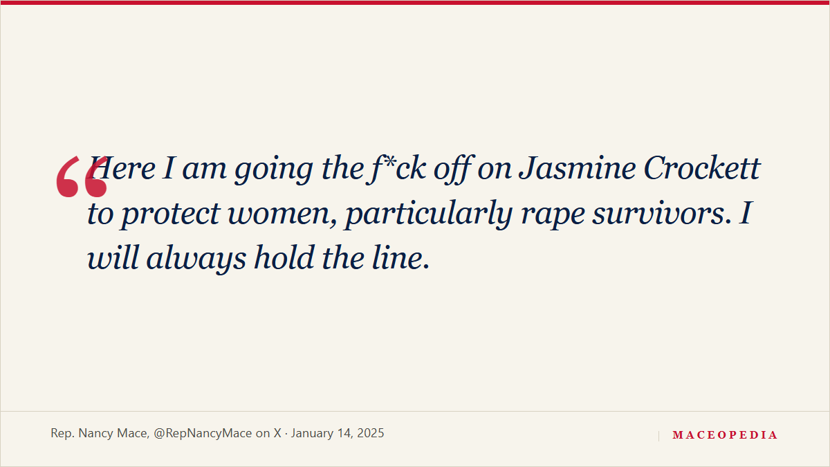 Quote card reading: Here I am going the f*ck off on Jasmine Crockett to protect women, particularly rape survivors.
