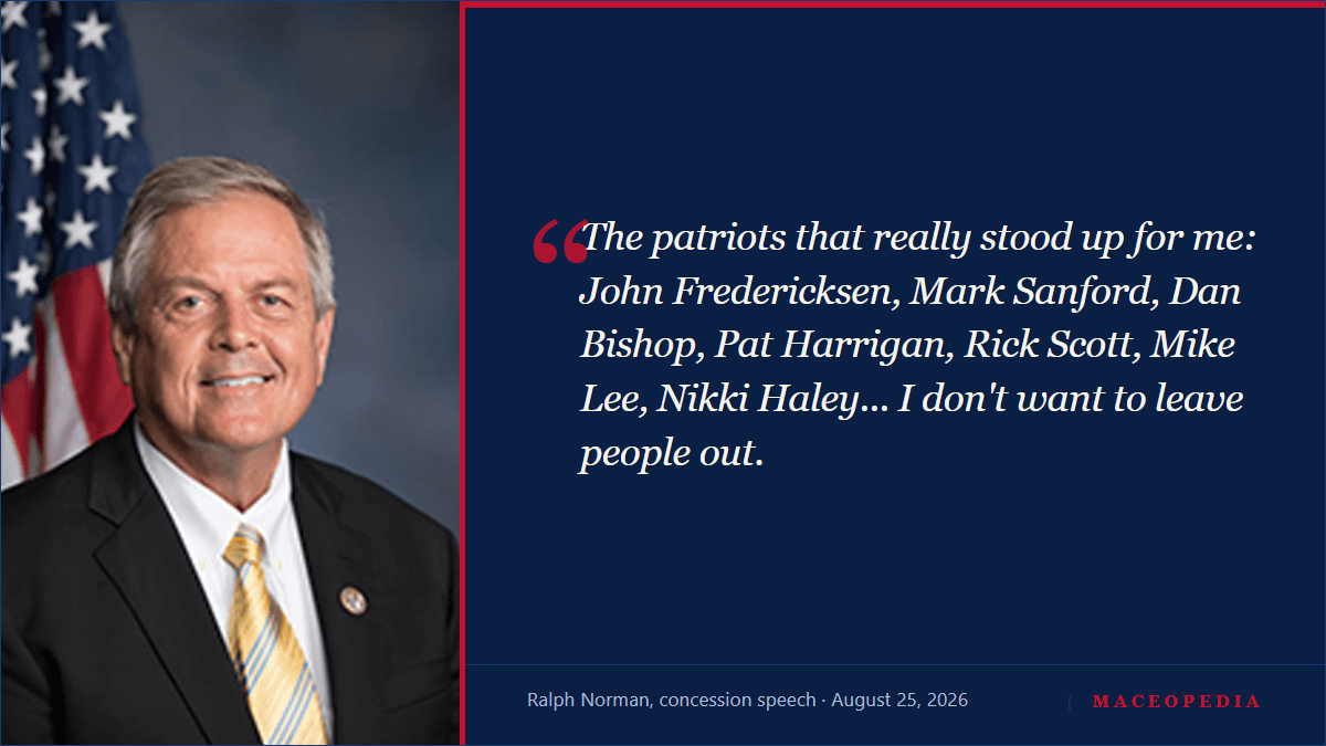 Quote card of Ralph Norman's concession roll call: the patriots who stood up for him, a list that names Sanford, Bishop, Harrigan, Rick Scott, Mike Lee, Nikki Haley, and Adam Morgan, but not Nancy Mace.