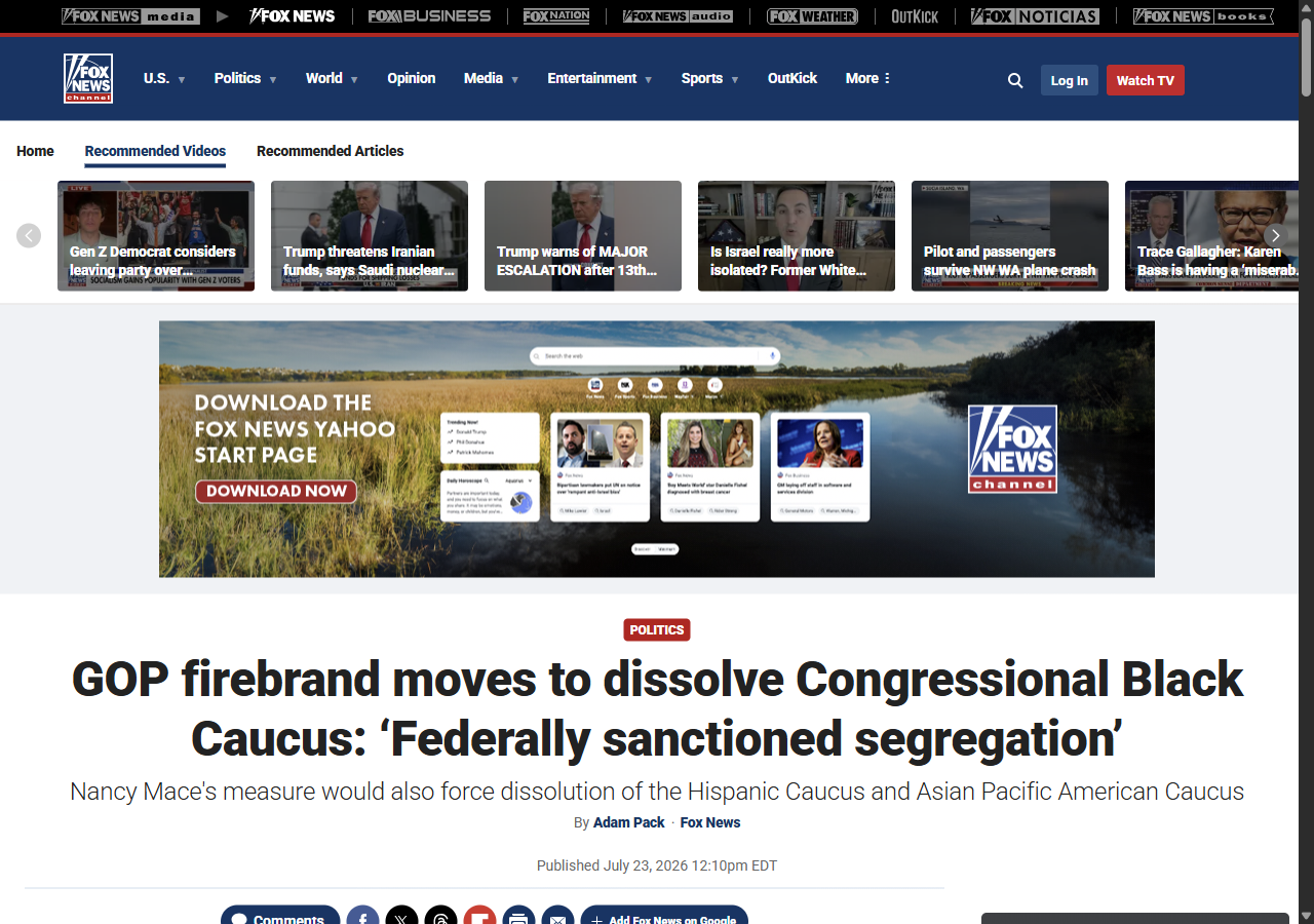 Fox News article screenshot: 'GOP firebrand moves to dissolve Congressional Black Caucus: Federally sanctioned segregation,' July 23, 2026