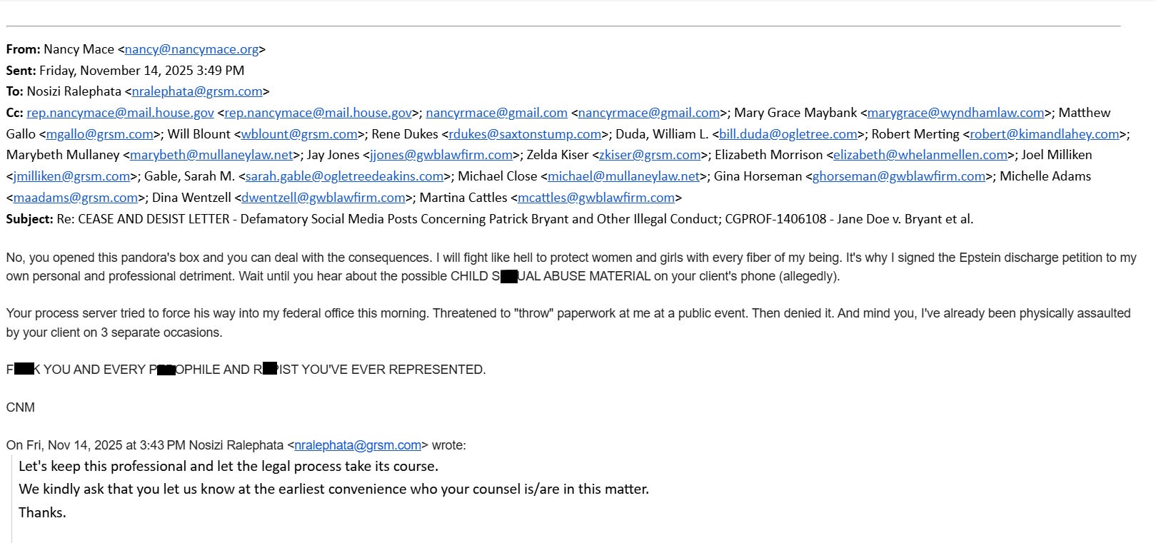 Patrick Bryant publishes Mace's emails to his lawyers: 'You poked the wrong bear. And you will pay dearly.': image 2