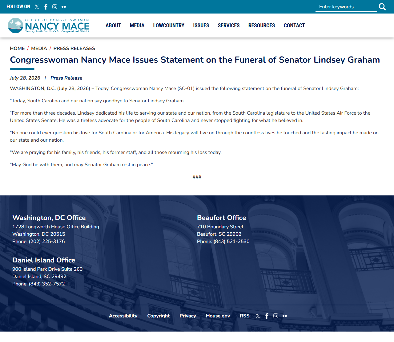 'He believed that showing up mattered': Mace issues a press release as every other SC House Republican attends Graham's funeral: image 4