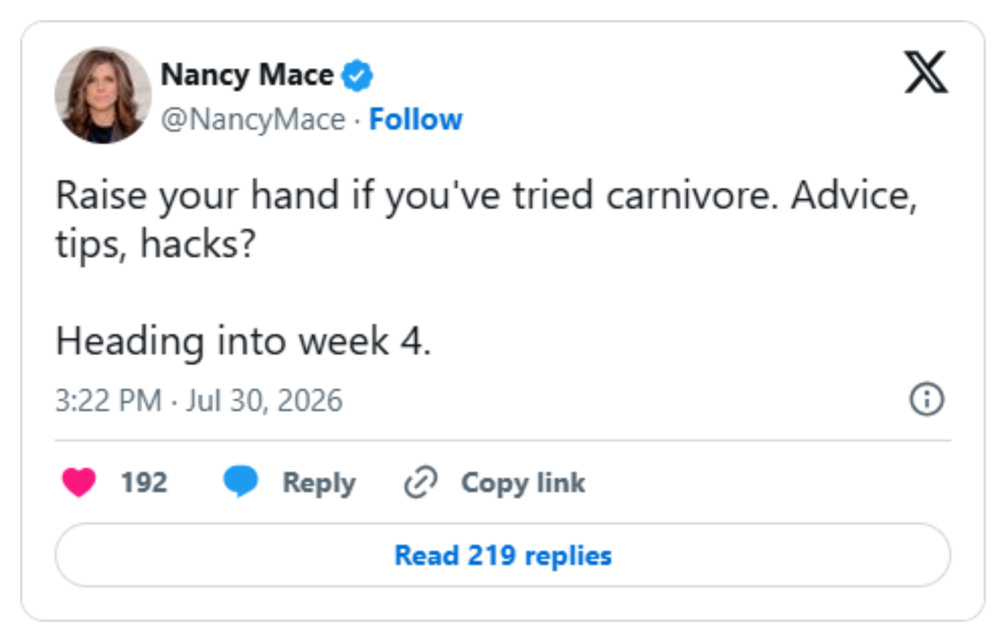 'Advice, tips, hacks?': Mace's 'week 4' carnivore post is the newest chapter in two years of public posts about her weight, her hair, and PTSD: image 2