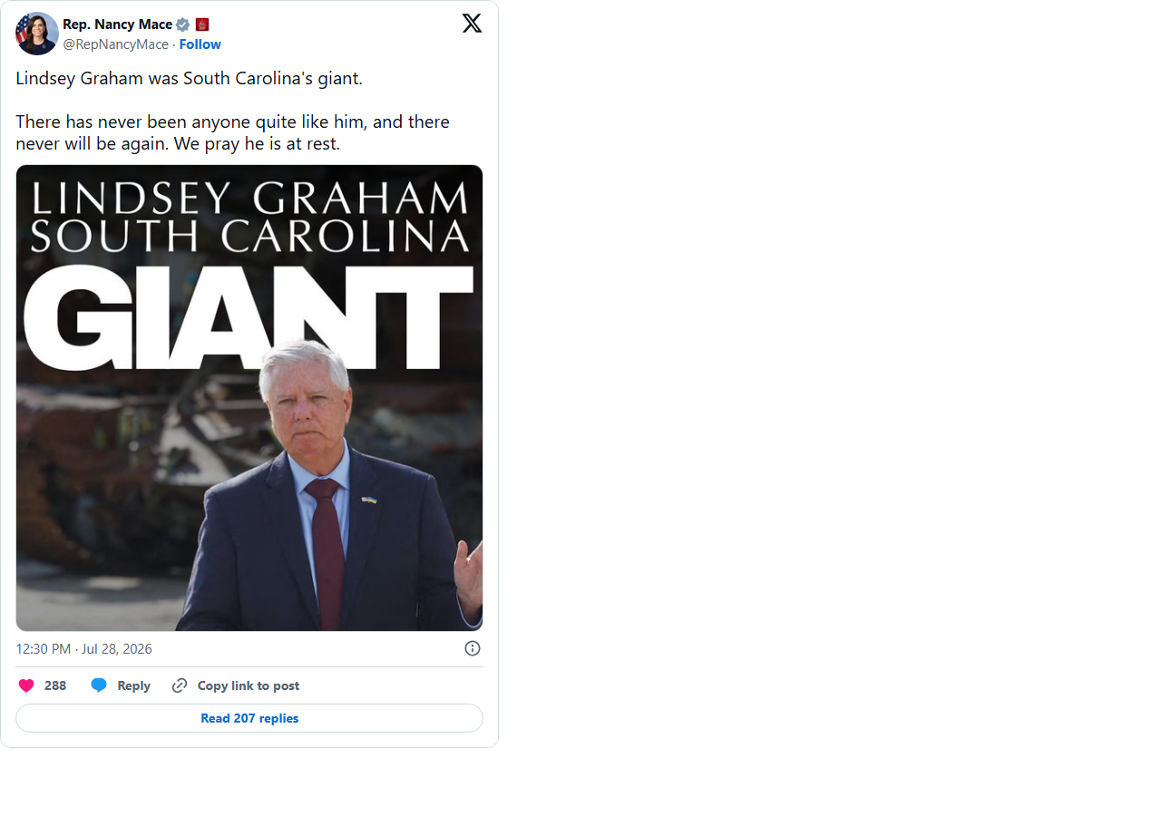 'He believed that showing up mattered': Mace issues a press release as every other SC House Republican attends Graham's funeral: image 5