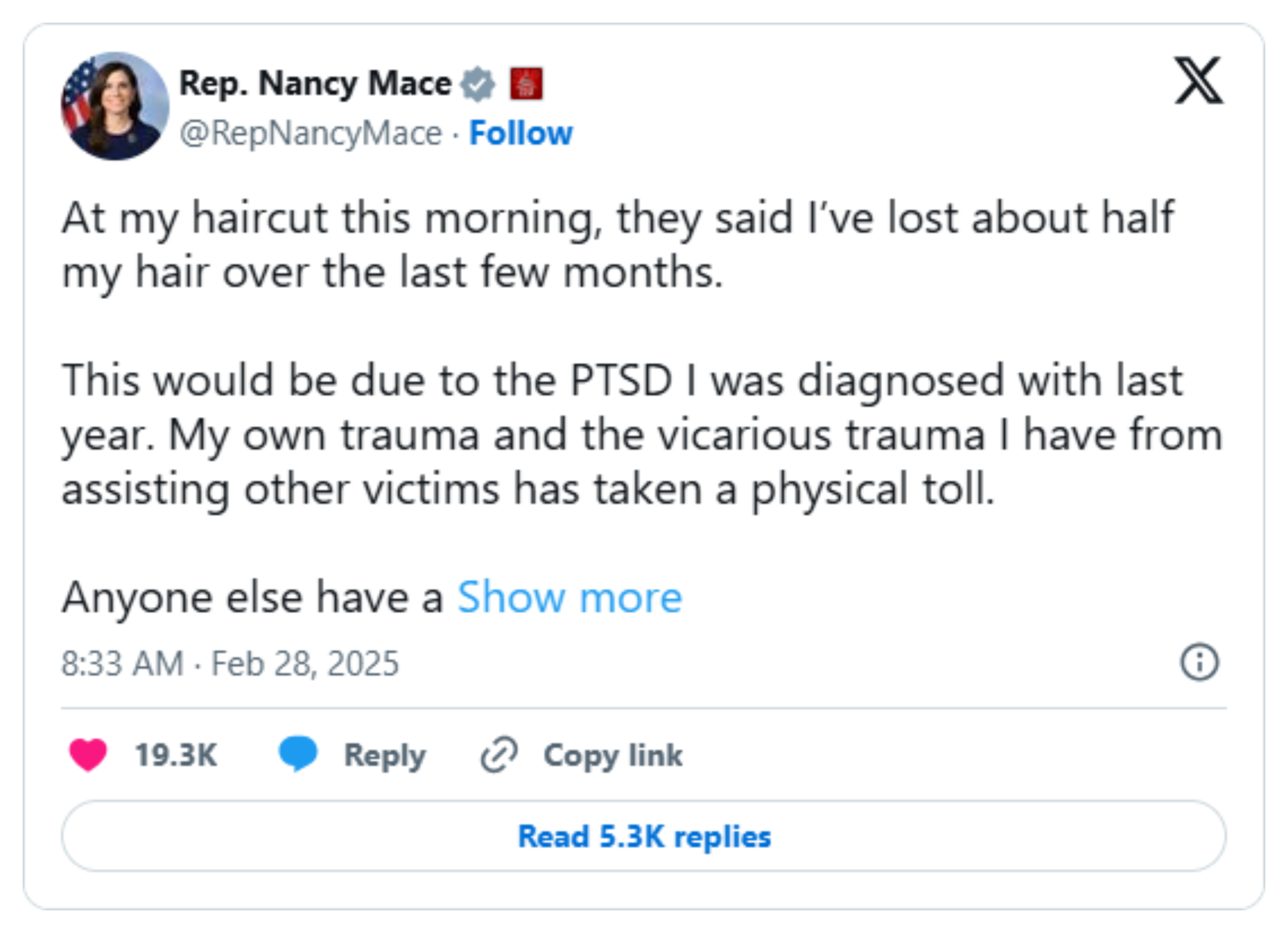 'Advice, tips, hacks?': Mace's 'week 4' carnivore post is the newest chapter in two years of public posts about her weight, her hair, and PTSD: image 3