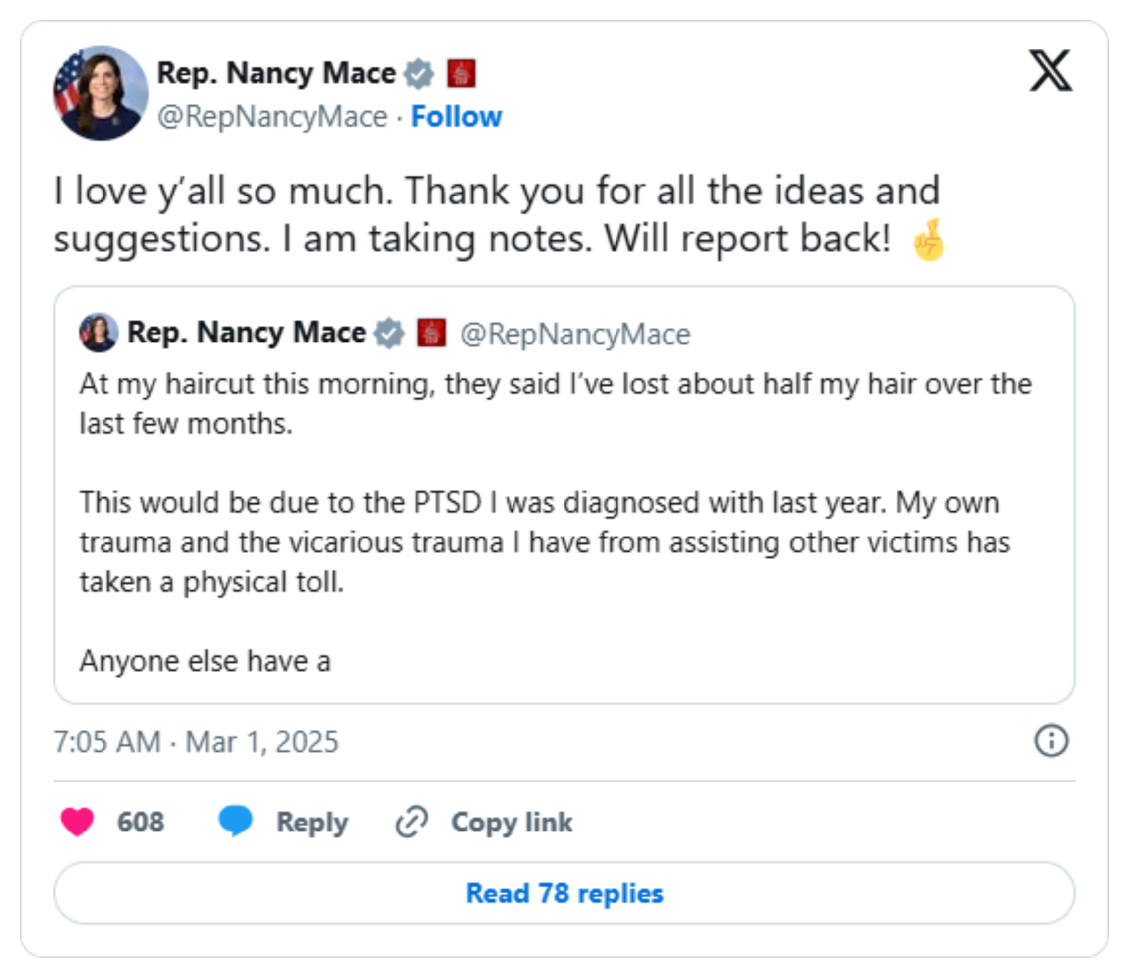 'Advice, tips, hacks?': Mace's 'week 4' carnivore post is the newest chapter in two years of public posts about her weight, her hair, and PTSD: image 4