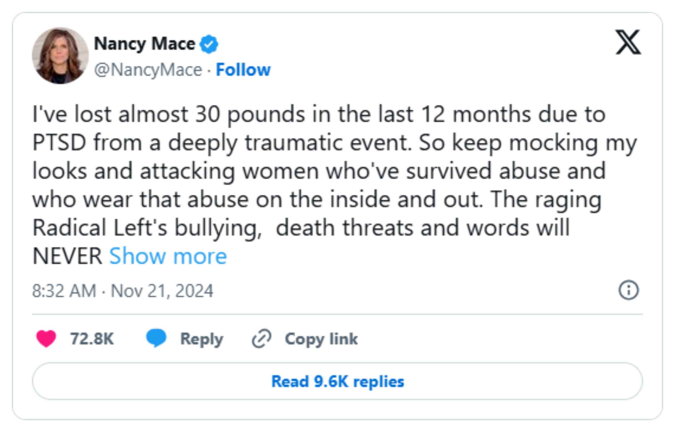 'Advice, tips, hacks?': Mace's 'week 4' carnivore post is the newest chapter in two years of public posts about her weight, her hair, and PTSD: image 5