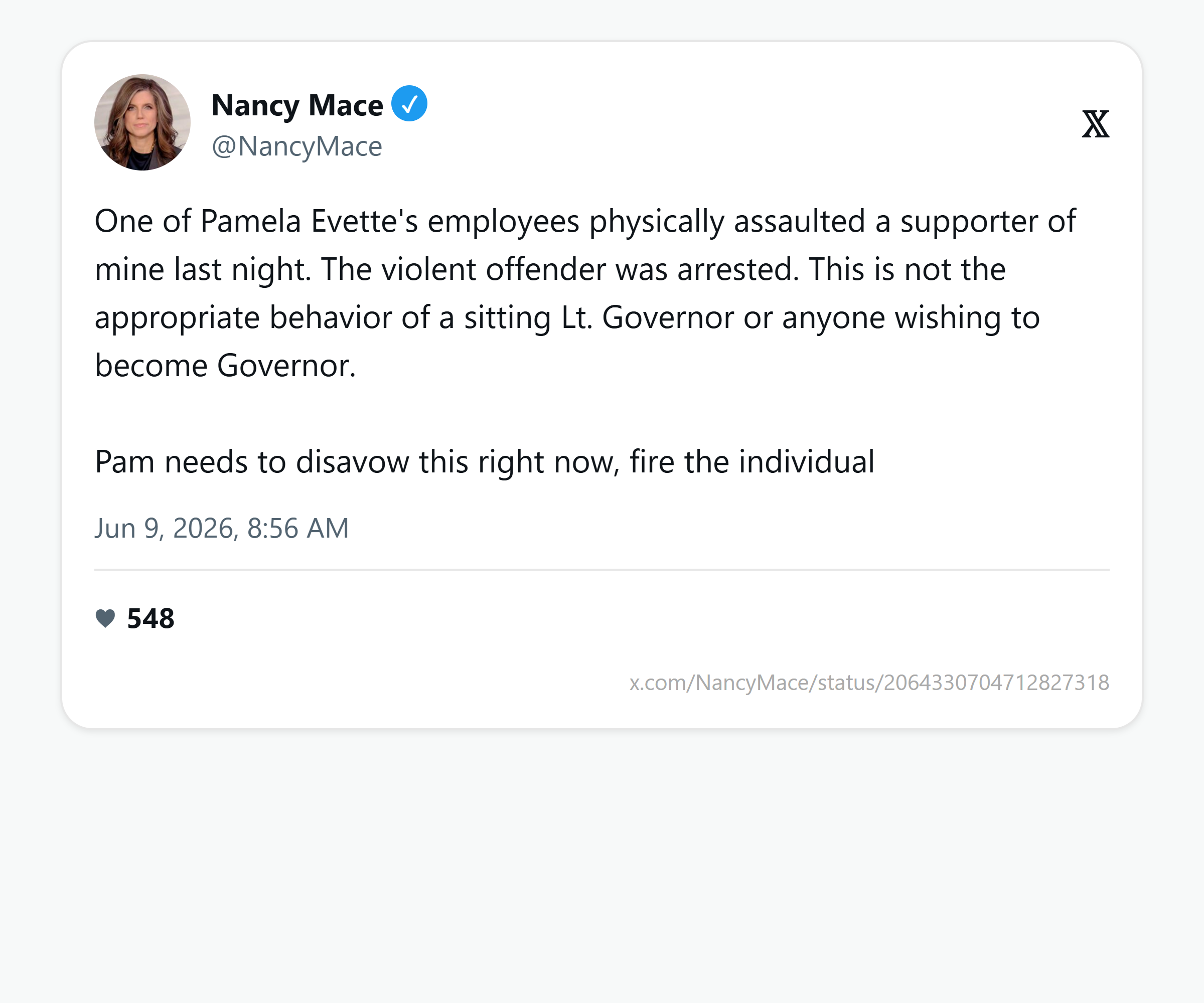 On primary morning, Mace recast a volunteer's megaphone grab as a 'physical assault' by Pamela Evette's 'employees': image 5