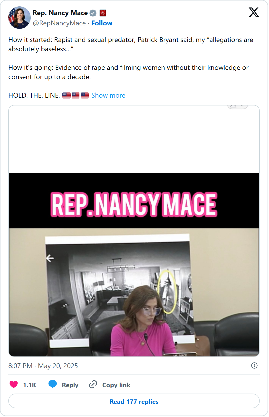 Rep. Nancy Mace's X post of May 20, 2025 (8:07 PM ET) about Patrick Bryant: "How it started... How it's going"