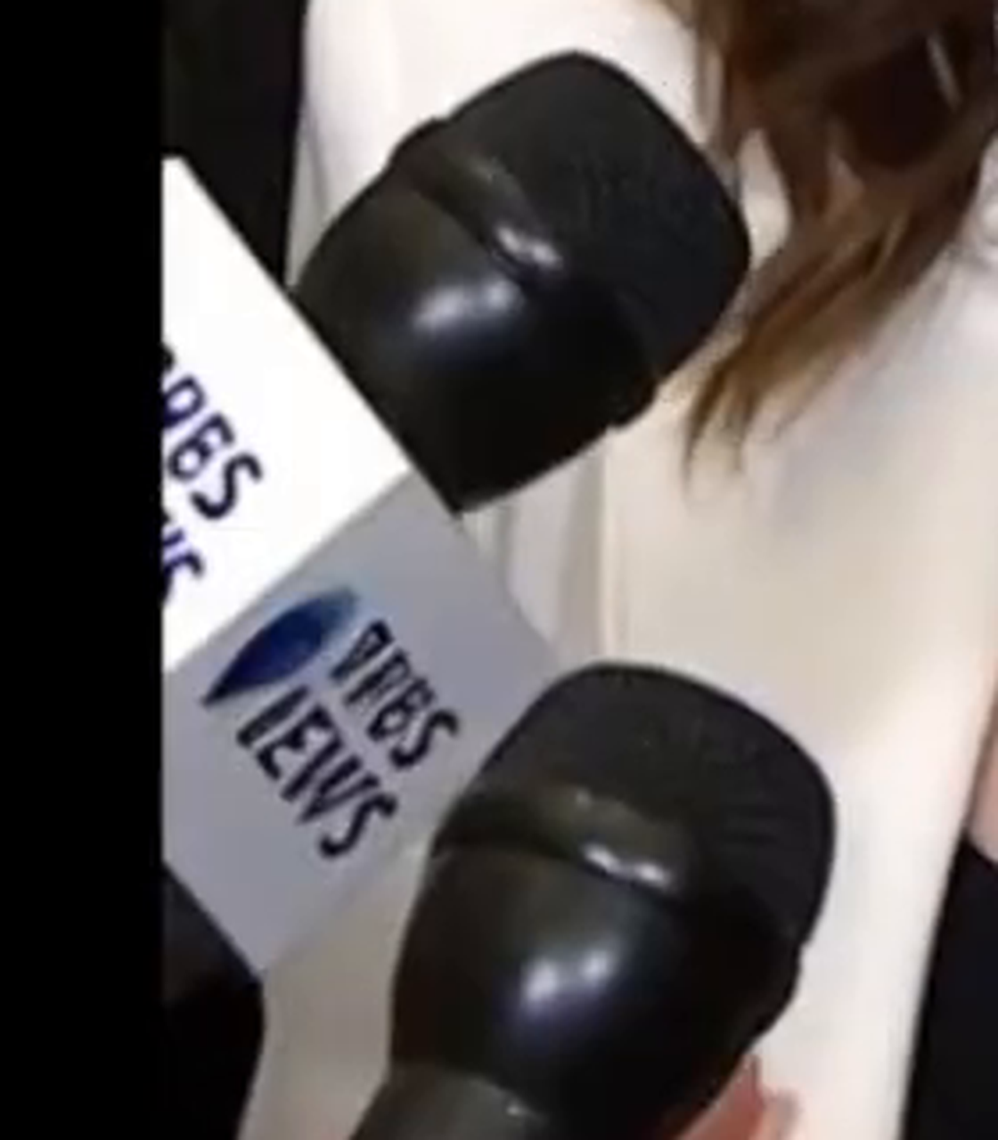 Crop showing two identical left mic flags, one directly behind the other, both carrying the same garbled pseudo-logo, with a third partial instance cut off at the upper-left frame edge