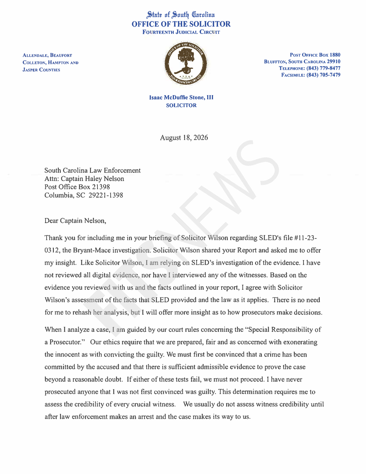 Page 1 of Solicitor Duffie Stone's August 18, 2026 letter to Capt. Haley Nelson of SLED: letterhead of the Fourteenth Judicial Circuit and his account of how a prosecutor decides whether to proceed
